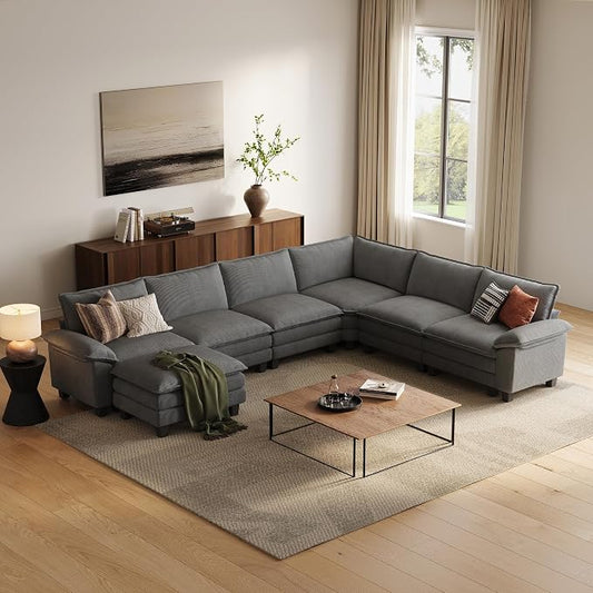LINSY HOME Modular Sectional Sofa 6 Seat Couch Corduroy Cloud Couch with Deep Seat, Modern C-Shaped Cloud Couch for Living Room, Office, Bedroom, Grey