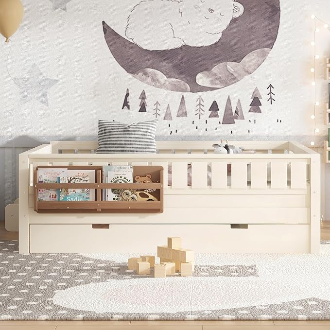 Bellemave Full Kids Montessori Bed with Stairs, Bookshelf and Trundle, Solid Wood Kids Bed Frame with Storage for Boys Girls, Low Profile,Beige