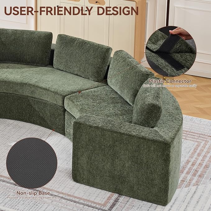 WUTUTUEE 142'' Curved Round Boneless Couch, Oversized Circular Sofa with Deep Seat & Arms, Chenille Modular Sectional Sofa with Pillows, Upholstered Comfy 12 Seat Couch for Living Room, Green