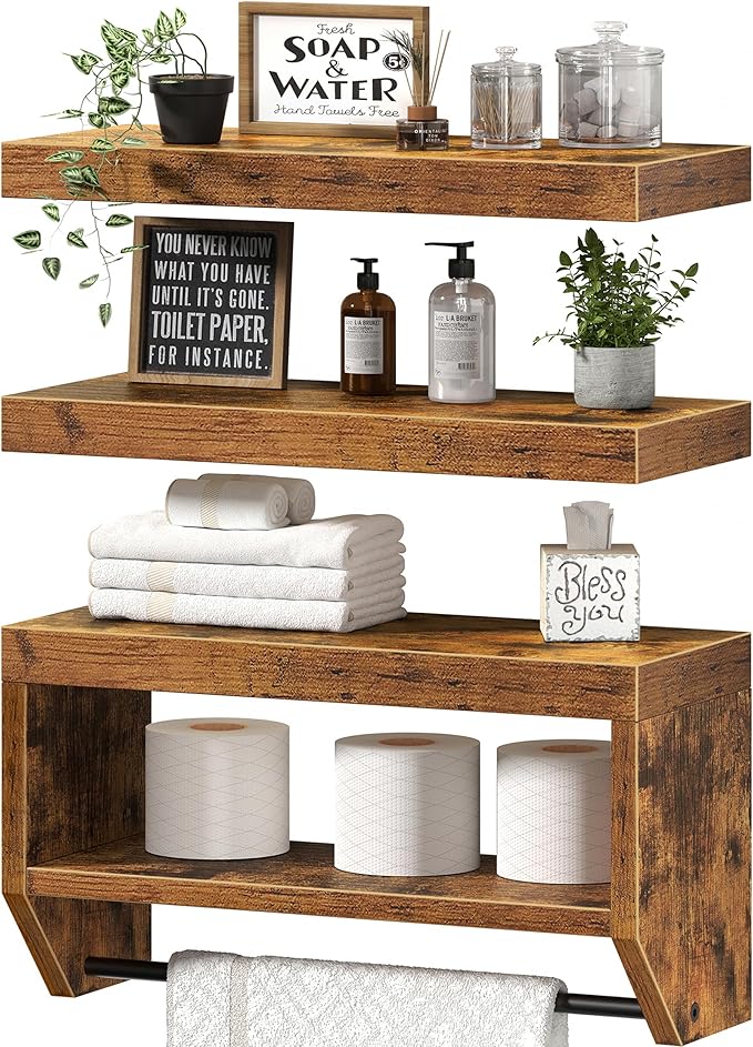 QEEIG Bathroom Floating Shelves for Wall - Shelf Over Toilet Paper Storage Farmhouse 16 inch Set of 3, Rustic Brown (028-40BN3)