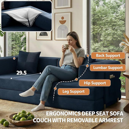 78.8" Convertible Sofa Bed with Armrest Pillow, 4-in-1 Sleeper Couch Bed for Livingroom, Modular Corduroy Boneless couches, No Assembly (Blue)