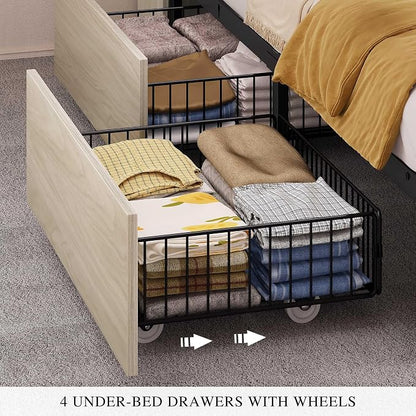 YITAHOME Farmhouse Queen Size Bed with 50" Tall Storage Bookcase Headboard, Sliding Barn Door, 4 Storage Drawers, RGB LED Bed Frame w/Type-C&USB Charging Station, No Box Spring Needed, Antique White