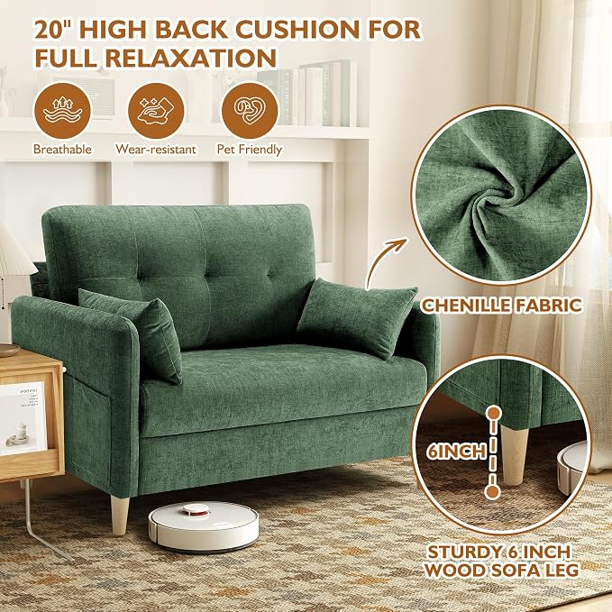 Urhanherry 47" Small Sofa Couch for Bedroom, Soft Chenille loveseat Mini Couch with Throw Pillow and Removable Cushion Cover for Small Spaces, Living Room, Apartment, Dorm, Office(Green)