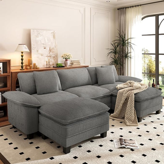 PHI VILLA Cloud Modular Couch Sets, 123.6" Oversized Sectional Sofa with U-Shaped Chaise, 5-Seater Couches with 2 Movable Ottomans for Living Room, Corduroy Grey