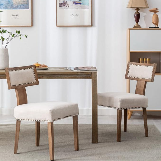 RIVOVA Mid Century Modern Dining Chairs Set of 2 Linen Fabric Upholstered Kitchen Side Chairs with Nailhead Trim, Modern Kitchen Armless Solid Wood Dining Chairs, Beige