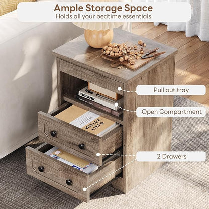LIKIMIO Nightstand Set of 2, Night Stand with Pull Out Tray, Wooden Bedside Table with 2 Drawers and Open Shelf, Side Table for Bedroom, Grey