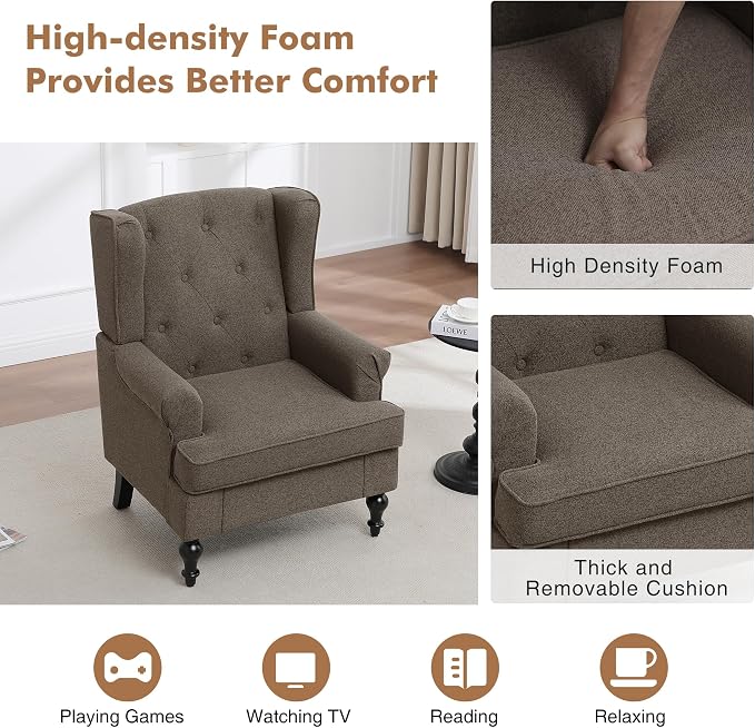 Accent Chair for Living Room, Mid Century Modern Upholstered Armchair, Wingback Chair with Tufted High Back and Solid Legs, Comfy Side Chairs Single Sofa for Bedroom, Brown