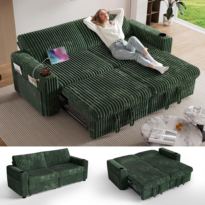 Sunny Heart 91" Plush Corduroy L Shaped Sectional Sleeper Sofa Bed with Pull Out Bed, Reclining Backrest, Reversible Storage Chaise, USB Ports, Cup Holders, Tool Free Assembly,Forest Green
