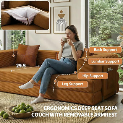 78.8" Convertible Sofa Bed with Armrest Pillow, 4-in-1 Sleeper Couch Bed for Livingroom, Modular Corduroy Boneless couches, No Assembly (Yellow)
