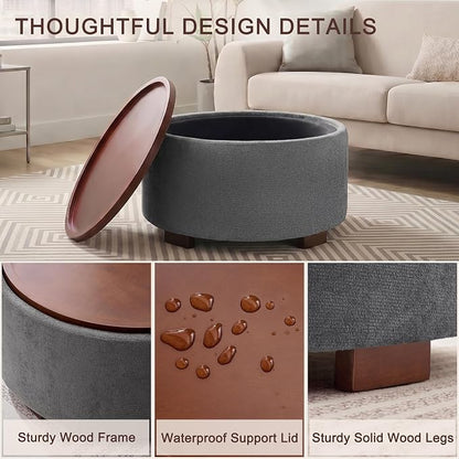 29.1 Inch Round Ottoman Coffee Table, Ottoman with Storage, Boucle Grey | Storage Ottoman with Removable Lid Top, Solid Wood Legs, Round Ottoman for Living Room, Bedroom, Apartments