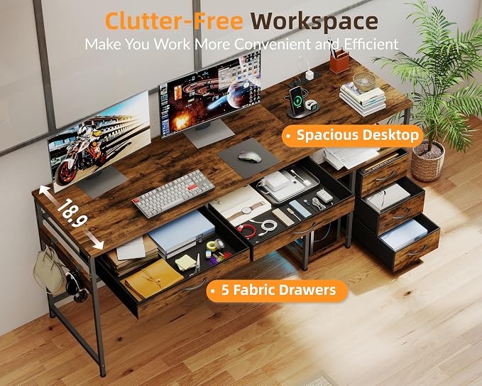 YOSHOOT 60" Computer Desk with 5 Fabric Drawers, Gaming Desk Table | Desk with Storage and Power Outlets, for Adults and Teenagers Working Writing Study, Rustic Brown