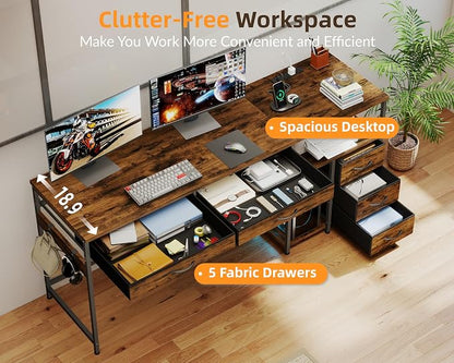 YOSHOOT 60" Computer Desk with 5 Fabric Drawers, Gaming Desk Table | Desk with Storage and Power Outlets, for Adults and Teenagers Working Writing Study, Rustic Brown