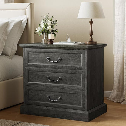 Huuger Nightstand with Charging Station, 3 Drawer Night Stand Set of 2, 22 Inch Wider Side Table with Storage, Farmhouse Nightstand with Vintage Handles, Thicken Base, for Bedroom, Black