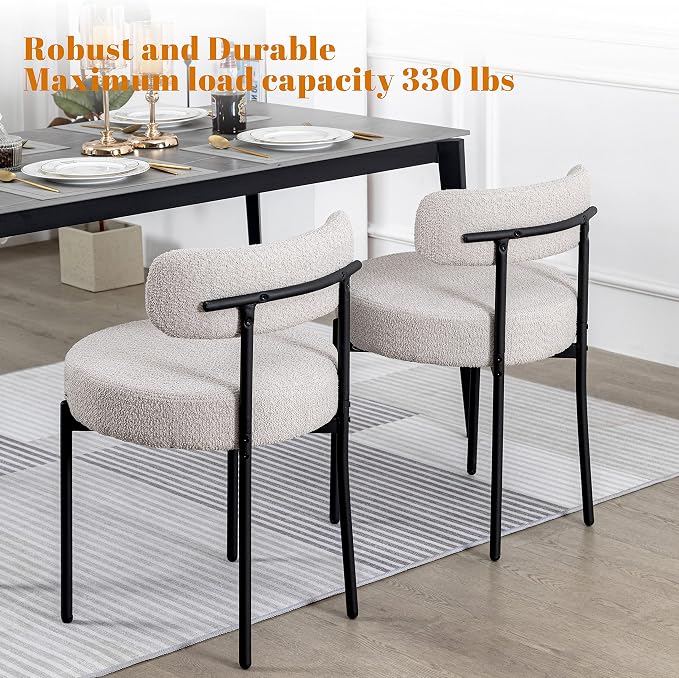 DYHOME Light Grey Boucle Dining Chairs Set of 6, Mid Century Modern Upholstered Kitchen Chairs with Metal Legs, Round Modern Dining Room Chairs