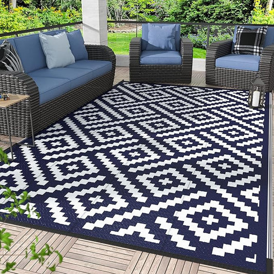 GENIMO Outdoor Rugs 8'x10' Waterproof, Reversible Mats, Area Plastic Straw Rug, Outside Carpet, Geometric Rv Mat for Patio Camping Picnic Backyard Deck Balcony Porch Beach Trailer