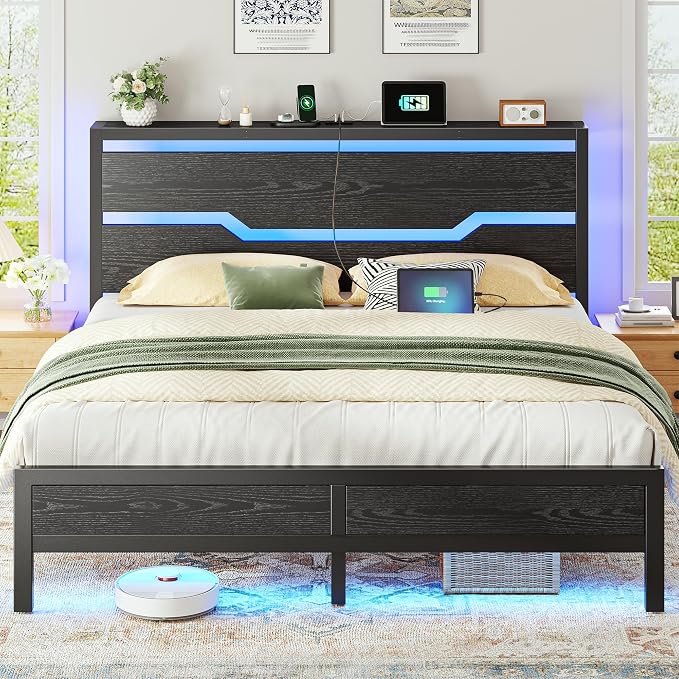 Homkdom Full Size Bed Frame with 900LBS Heavy-Duty Metal Slats,USB Ports & LED Lights,Headboard Shelf, 10.24” Underbed Storage, Noise-Free, No Box Spring Needed, Modern Black