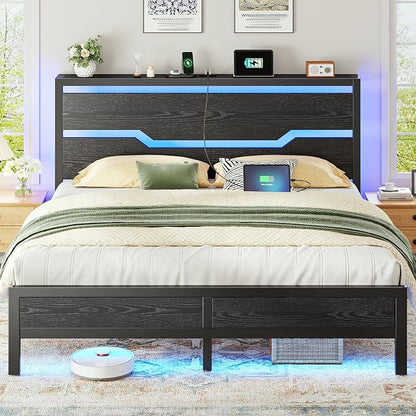 Homkdom Full Size Bed Frame with 900LBS Heavy-Duty Metal Slats,USB Ports & LED Lights,Headboard Shelf, 10.24” Underbed Storage, Noise-Free, No Box Spring Needed, Modern Black