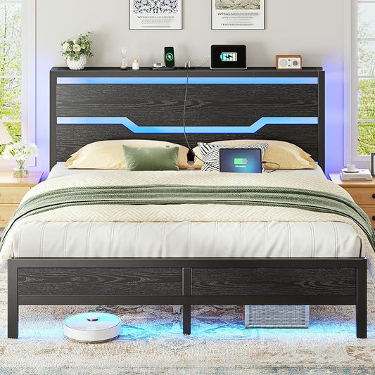 Homkdom Full Size Bed Frame with 900LBS Heavy-Duty Metal Slats,USB Ports & LED Lights,Headboard Shelf, 10.24” Underbed Storage, Noise-Free, No Box Spring Needed, Modern Black