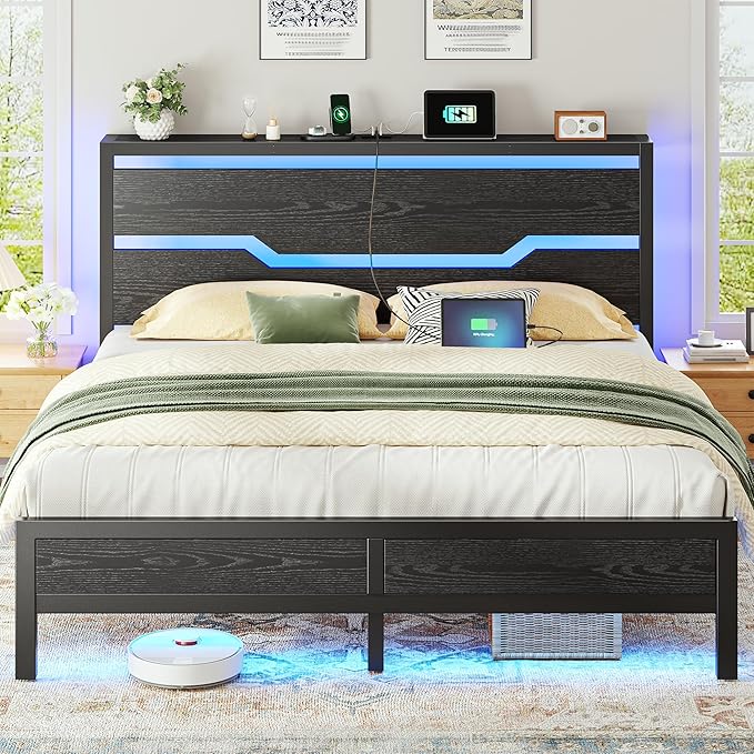 Homkdom Queen Bed Frame with USB Ports & LED Lights, Headboard Shelf, Heavy Duty Metal Platform with 10.24" Underbed Storage, Noise-Free Slats, No Box Spring Needed, Modern Black
