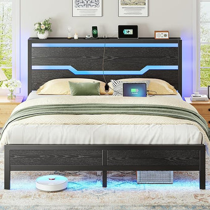 Homkdom Queen Bed Frame with USB Ports & LED Lights, Headboard Shelf, Heavy Duty Metal Platform with 10.24" Underbed Storage, Noise-Free Slats, No Box Spring Needed, Modern Black