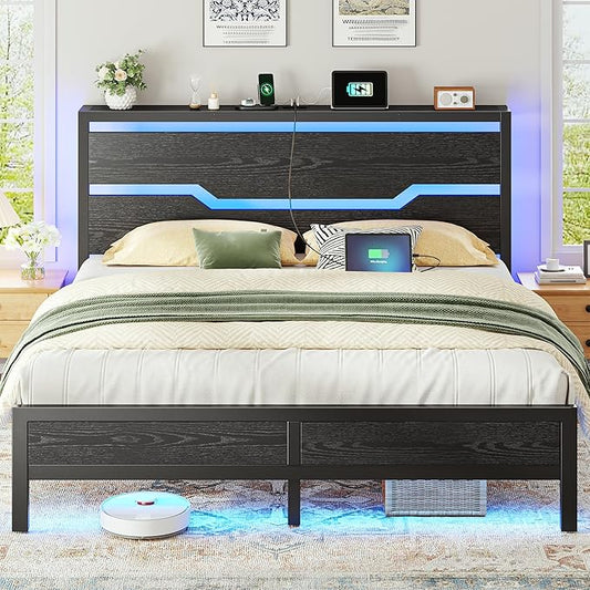 Homkdom Queen Bed Frame with USB Ports & LED Lights, Headboard Shelf, Heavy Duty Metal Platform with 10.24" Underbed Storage, Noise-Free Slats, No Box Spring Needed, Modern Black
