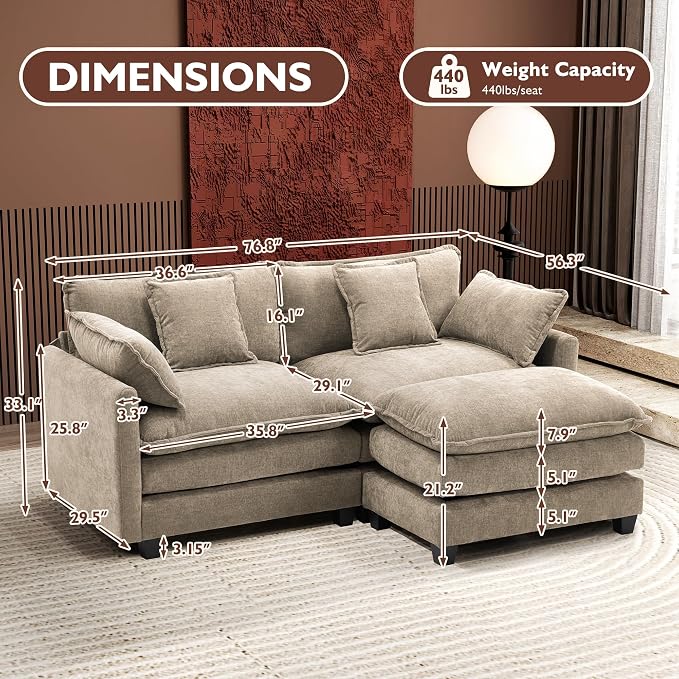 Ihanherry 77" L Shaped Modern Sofa Modular Sectional Luxurious and Comfortable with Ottoman, 3-Seat Chenille Deep Seat Sofa with Pillow for Living Room, Bedroom and Apartment,Sand