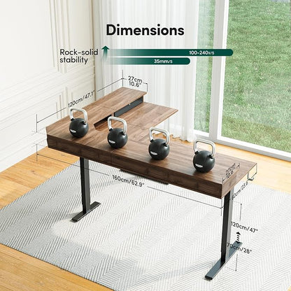 CubiCubi 63x48 Inches L Shaped Standing Desk with 3 Drawers and Monitor Shelf, Height Adjustable Corner Computer Desk with Hooks, Sit Stand Up Ergonomic Home Office Workstation Table, Deep Walnut