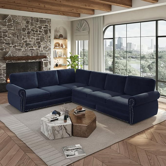 118" L-Shaped Sleeper Couch Bed - Oversize Convertible with Pull-Out Sofa Bed, Button Tufted Chesterfield Sofa, Chenille Sectional Vintage Couches for Living Room/Apartment(6-Seater, Blue) | Oversize Convertible
