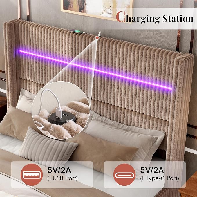 Jocisland King Size Corduroy Upholstered Bed Frame with 4 Storage Drawers & 51.2" Tall Wingback Headboard, LED Platform Bed with Charging Station, Easy Assembly, No Box Spring Needed, Dark Khaki
