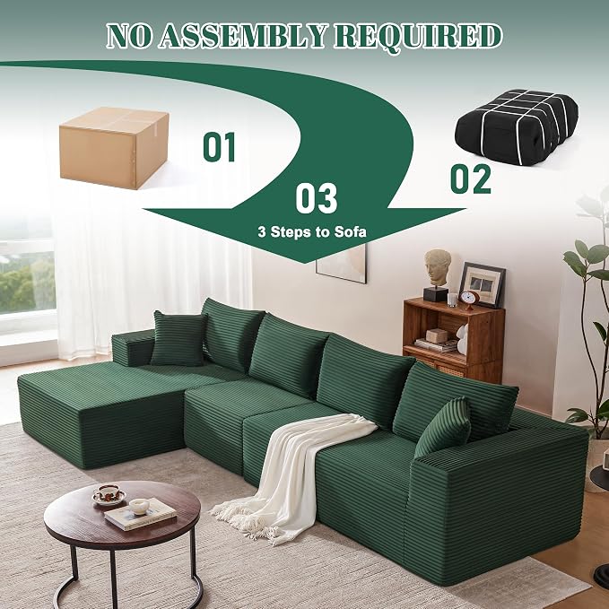 Mangodan 140” Cloud Sectional Couch, Modular Sectional Sofa with Deep Seat, Boneless Sofa for Living Room, Fluffy Comfy L-Shaped Couch with Left Facing Chaise, No Assembly Required, Green