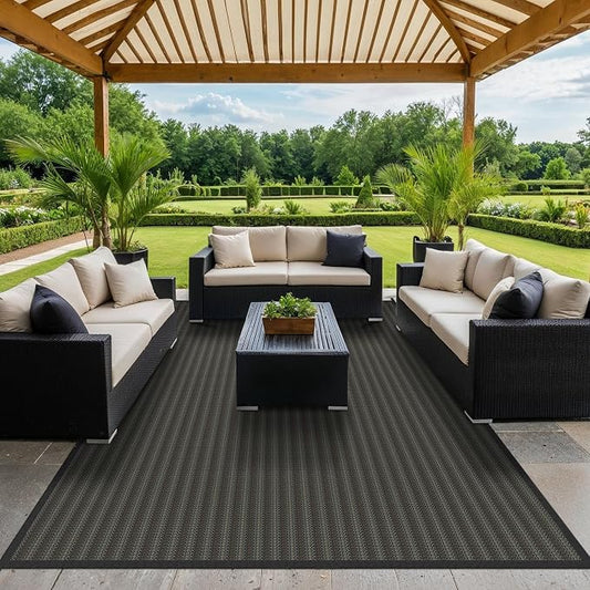 GENIMO Outdoor Rug for Patio Clearance, 10'x14' Reversible Plastic Straw Rugs, Lightweight Waterproof RV Camping Mat for Camper, Balcony, Deck, Backyard, Picnic, Black & Brown