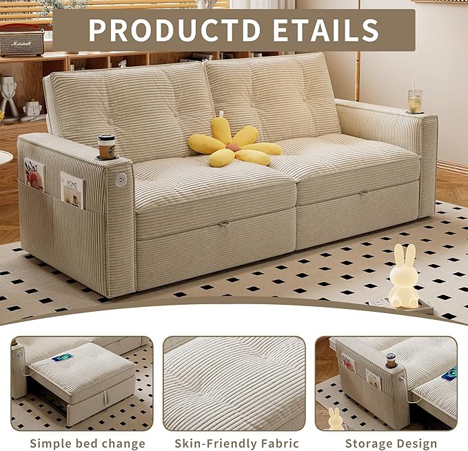 73.2'' Futon Sofa Bed Full Size, Pre-Assembled Pull Out Couch, Adjustable Backrest, Corduroy Convertible Sleeper Sofa, 2 Cup Holders, Pockets, USB, Loveseat for Living Room, Apartment, Beige | Soft Material