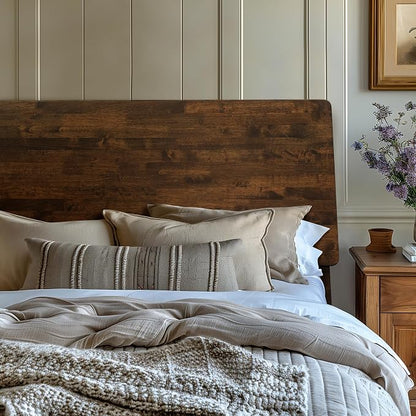 Acacia Serenity Queen Bed Frame with Headboard Natural Wood Bed, Scandinavian Signature High Headboard Compatible with All Mattress Types, 30 Mins Assembly Wood Slats Support Bedroom Furniture, Walnut