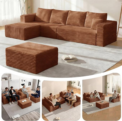 BSHOMGI 92.5'' U-Shaped Boneless Couches, Comfy Corduroy 3 Seaters Sofas with Ottoman, Modern High Back Sectional Sofa for Living Room with Oversized Chaise Deep Seat Sofa, No Assembly Needed