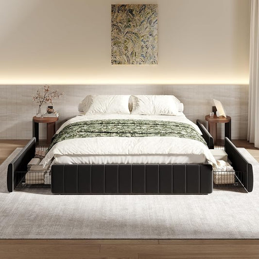 SHA CERLIN Full Size Velvet Upholstered Platform Bed Frame with 4 Storage Drawers, Vertical Channel Tufted, Low Profile, Fits Standard Headboards, Wooden Slats Support, Easy Assembly, Black
