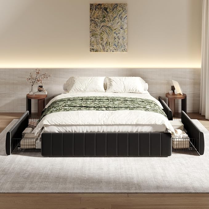 SHA CERLIN Queen Size Velvet Upholstered Platform Bed Frame with 4 Storage Drawers, Vertical Channel Tufted, Low Profile, Fits Standard Headboards, Wooden Slats Support, Easy Assembly, Black