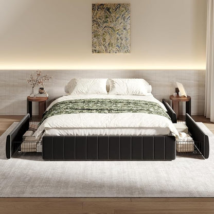 SHA CERLIN Queen Size Velvet Upholstered Platform Bed Frame with 4 Storage Drawers, Vertical Channel Tufted, Low Profile, Fits Standard Headboards, Wooden Slats Support, Easy Assembly, Black