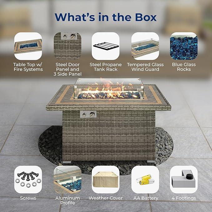 SereneLife Outdoor Propane Fire Pit Table, 50,000 BTU Wicker Gas Firepit with Tile Tabletop, with Glass Wind Guard and Decorative Glass Stones, CSA Certified, Weatherproof Cover, 43"x27"x25"