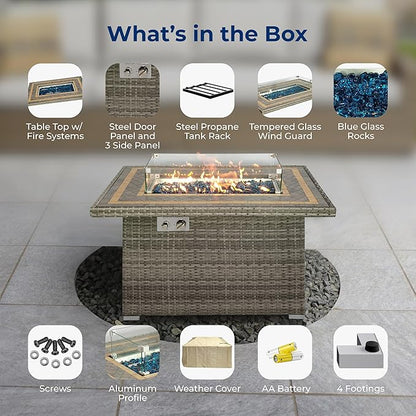 SereneLife Outdoor Propane Fire Pit Table, 50,000 BTU Wicker Gas Firepit with Tile Tabletop, with Glass Wind Guard and Decorative Glass Stones, CSA Certified, Weatherproof Cover, 43"x27"x25"