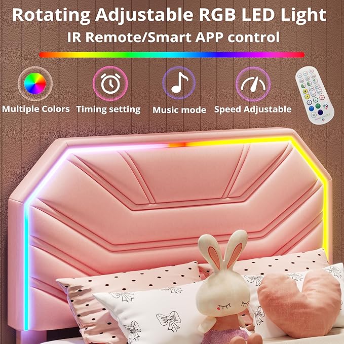 LIKIMIO Twin XL Bed Frames with LED Light Headboard, Upholstered Modern Cama Twin XL Platform Bed Frame with Heavy Duty Supports, No Box Spring Need, Noise Free, Easy Assembly, Pink