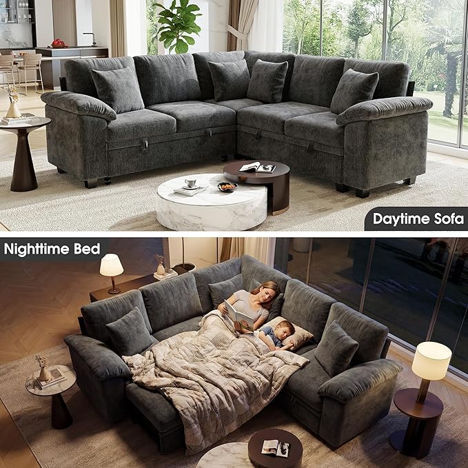 86" Modular Sectional Sleeper Sofa with Pull Out Bed, L Shaped 5 Seat Couch with 151L Storage, Convertible Cloud Couch Bed, Sectional Couches for Living Room, Apartment (Gray)