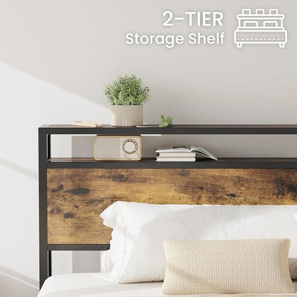 LIKIMIO California King Size Bed Frame, Platform Bed with Storage Headboard | Metal Bed Frame, Solid and Stable, Noise Free, No Box Spring Needed, Easy Assembly, Durable, Industrial Brown