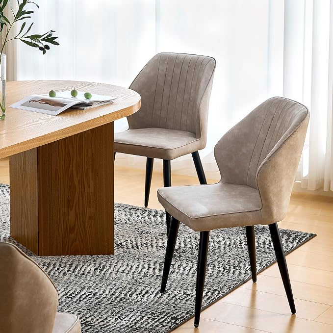 CLIPOP Faux Leather Dining Chairs Set of 2, Leather Dining Chairs, Mid-Century Modern Dining Room Chairs, Upholstered Kitchen Chairs with Metal Legs, Leisure Chair for Guest Reception Room - Beige
