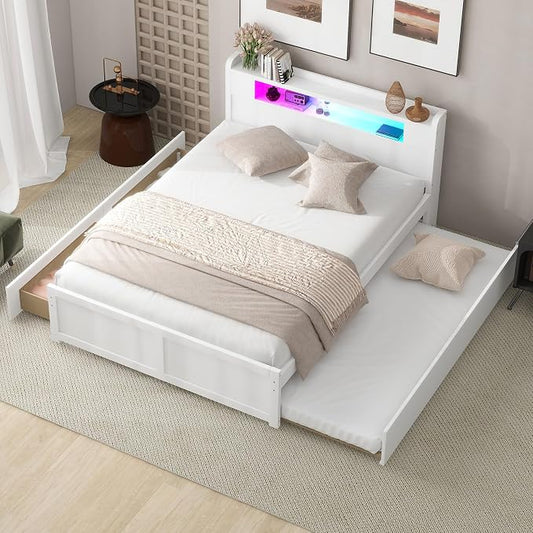 GDFStudio Queen Size Storage Bed with LED Headboard, 2 Drawers and Twin Trundle, Modern Wooden Platform Bed Frame for Bedroom Organization, No Box Spring Needed, Easy Assembly, White