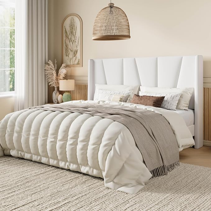 SHA CERLIN Queen Size Velvet Bed Frame with Geometric Wingback Headboard, Upholstered Platform Bed with Wooden Slats Support, 8" Under-Bed Space, No Box Spring Needed, Easy Assembly, White