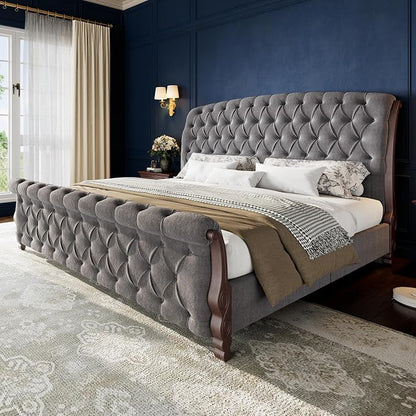 AMERLIFE Upholstered California King Bed Frame, 53" Tall Sleigh Bed with Button Tufted Chenille Headboard and Footboard, Platform Bed with Carved Solid Wood Legs, No Box Spring Needed, Dark Gray
