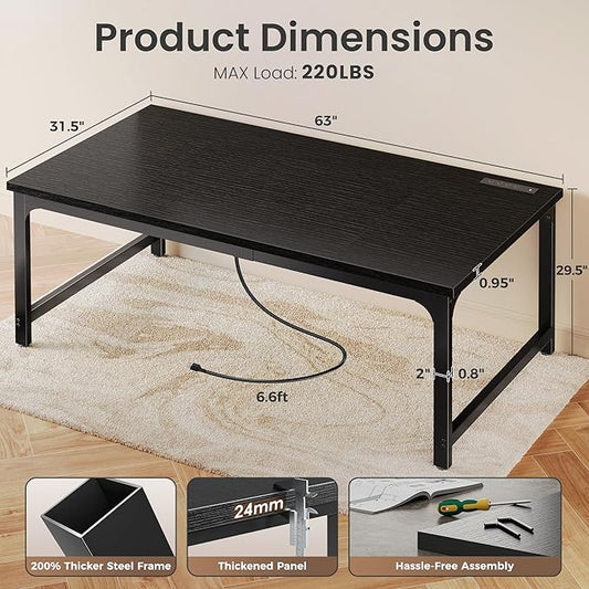 Huuger 63 x 31.5 inch Desk with Power Outlets & USB-C, 0.95 Inch Thicker Desktop, Robust Metal Tubes, Deep Computer Desk, Heavy Duty Office Work Desk, for Home Office, Black