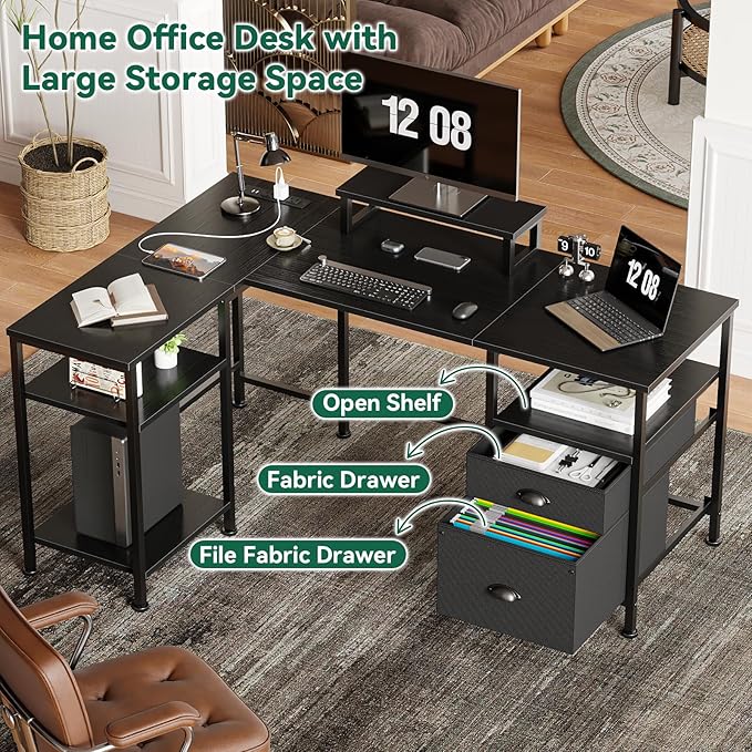 Furologee 50 Inch L Shaped Gaming Desk with Power Outlet, Corner Computer Desk for Home Office, Reversible Work Study Table with File Drawer, Monitor Stand, Storage Shelves, Black