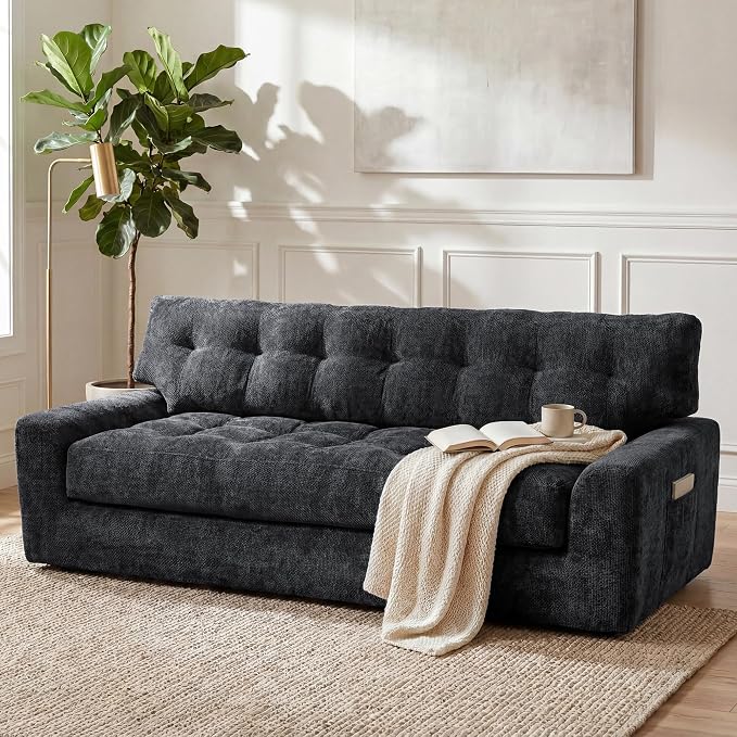 MONVANE 75.6" Convertible 3 Seater Sofa, Comfy Chenille Cloud Couch with Storage Pocket, Modern Deep Seat Boneless Couch, 3 Seater Sofa for Living Room, No Assembly Required, Black