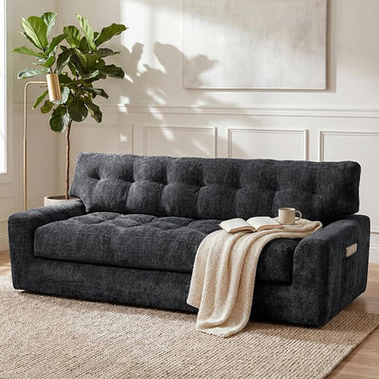 MONVANE 75.6" Convertible 3 Seater Sofa, Comfy Chenille Cloud Couch with Storage Pocket, Modern Deep Seat Boneless Couch, 3 Seater Sofa for Living Room, No Assembly Required, Black